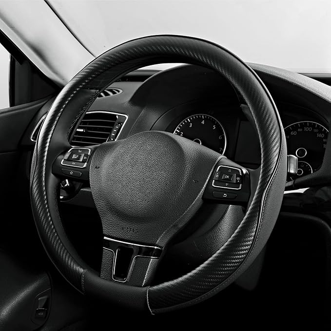 PIC AUTO Steering Wheel Cover, Black Piping Leather, Sports Carbon Fiber and Super Breathable Leather, Universal 14.5-15.5 Inch Anti-Slip Steering Wheels Accessories for Men & Women