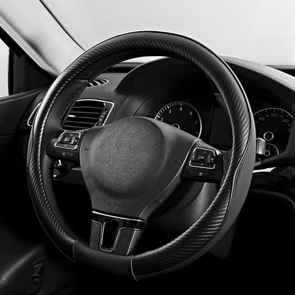 PIC AUTO Steering Wheel Cover, Black Piping Leather, Sports Carbon Fiber and Super Breathable Leather, Universal 14.5-15.5 Inch Anti-Slip Steering Wheels Accessories for Men & Women