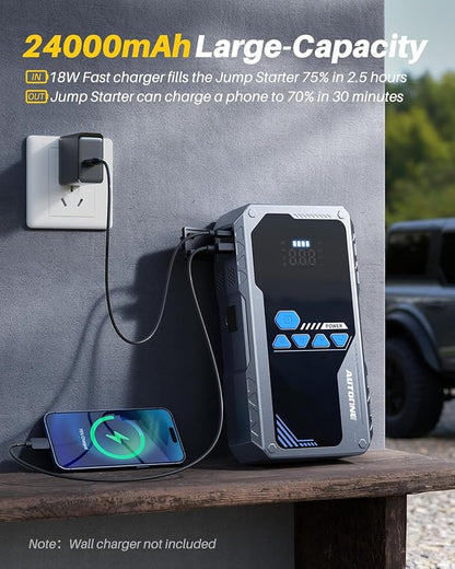 AUTOONE 8000A Jump Starter with Air Compressor (All Gas/12L Diesel), 150PSI Car Jumper Starter Portable, Jump Box Tire Inflator with LED Flashlight, LCD Display, Storage Case