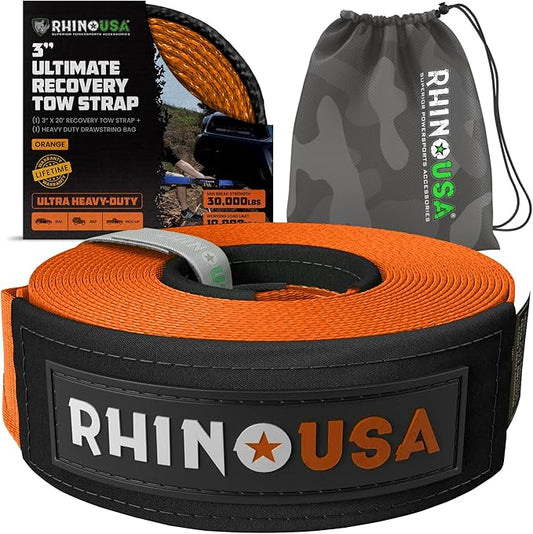 Rhino USA Recovery Tow Strap (3"x20')- 31,518lb Break Strength- Emergency Recovery Strap Tow Rope for Truck, UTV, ATV & More- Heavy Duty Towing Strap for Offroad 4x4 Use- Compatible with Jeep (Orange)