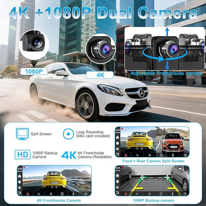 Carplay Screen for Car,10.26" HD Car Stereo for Apple Carplay & Android Auto -with Rotatable 4K Dash Cam & HD Backup Camera, Dual Front/Inside Recording, GPS Navigator for Cars,Trucks