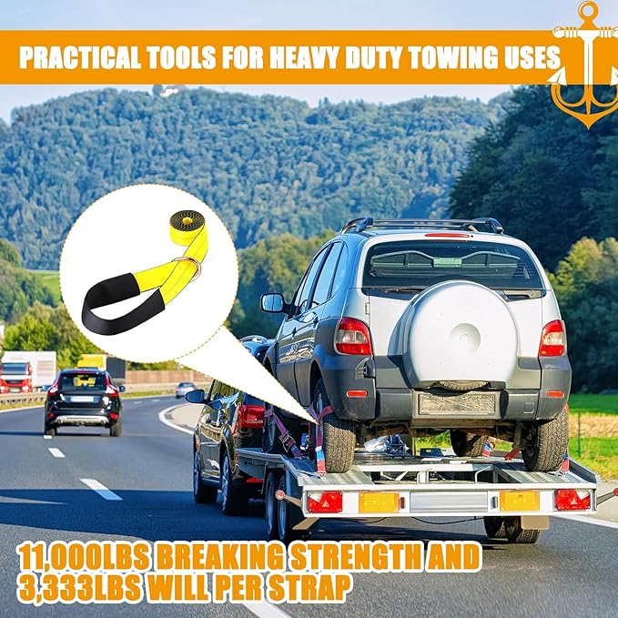 8 Pack 2" x 8ft Tow Truck Straps Lasso Wheel Lift Straps Lasso Tow Strap with D Ring 11, 000 Lbs Break Strength Auto Tie Down Auto Hauler for Trailer Truck Tie(Yellow)