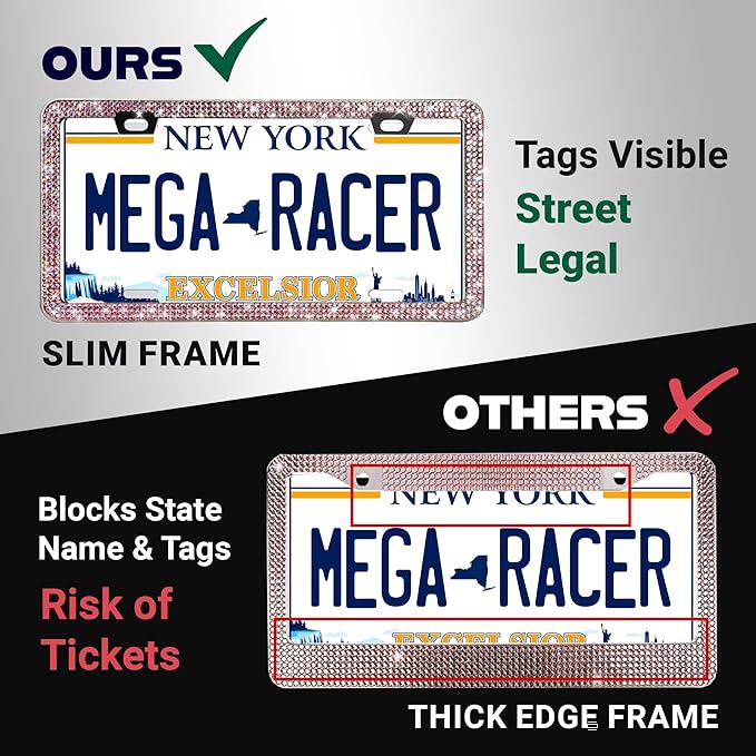 Glamorous Bling License Plate Frame for Women - 1 Pack, 800 Premium Pink Rhinestones, Rust-Free Stainless Steel, Street Legal Slim Design, Sparkly Diamond Car Tag Holder with Glitter Crystal Covers