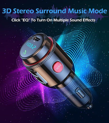 Bluetooth Car Adapter, Wireless AUX FM Transmitter, USB C&QC3.0 Dual Fast Charging, Cigarette Lighter Radio Music, Supports Hands-Free Siri Google Assistant & USB Drive, HiFi Bass Sound