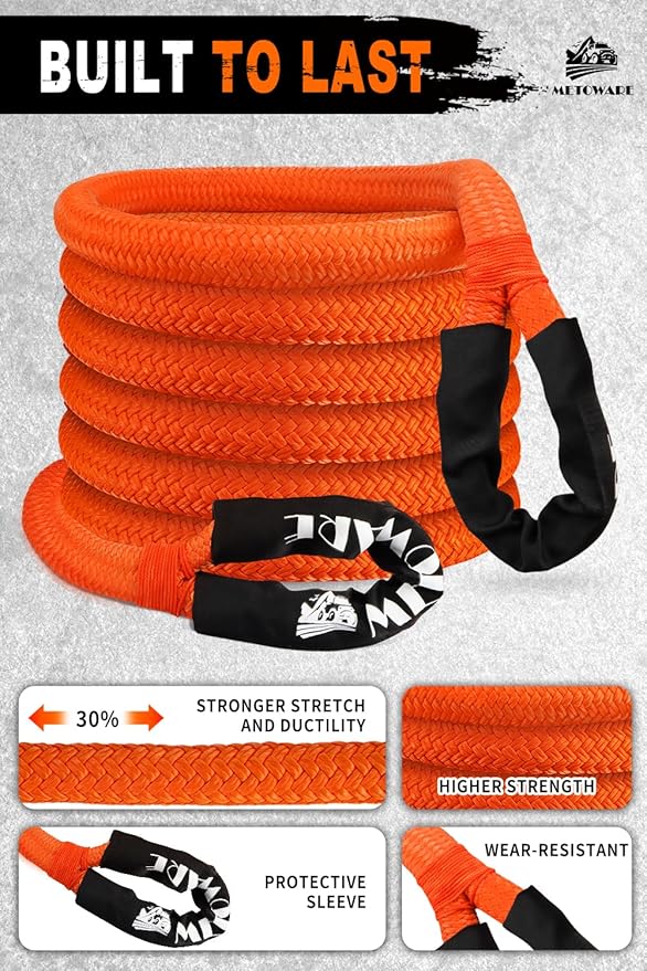 Metoware Kinetic Recovery Rope Kit with 2 Soft Shackles, 56000lbs, 1.25'' X 30FT, Heavy Duty Tow Rope for UTV, ATV, Truck, Tractor
