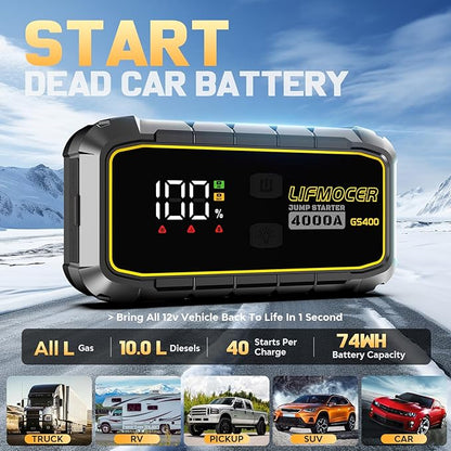 GS400 Jump Starter - 4000A Car Battery Jump Starter for Up to 12.0L Gas and 10.0L Diesel Engines, 12V Portable Jump Box with Storage Case USB Quick Charge, and LCD Display