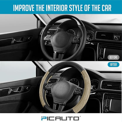 PIC AUTO Steering Wheel Cover, Silk Grain Leather Car Steering Wheel Protector, Comfortable Grip, Universal 14.5-15.5 Inch Anti-Slip Steering Wheels Accessories for Men & Women (Beige)