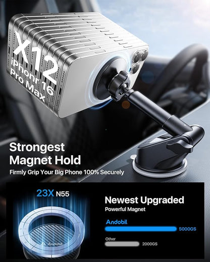 【True Military-Grade】andobil 3 in1 Magnetic Phone Holder for Car Dashboard Windshield Vent 【Upgrade Suction & Strongest Magnet】Retractable for MagSafe Car Mount for iPhone 16 15 14 13 Pro Max Sumsung