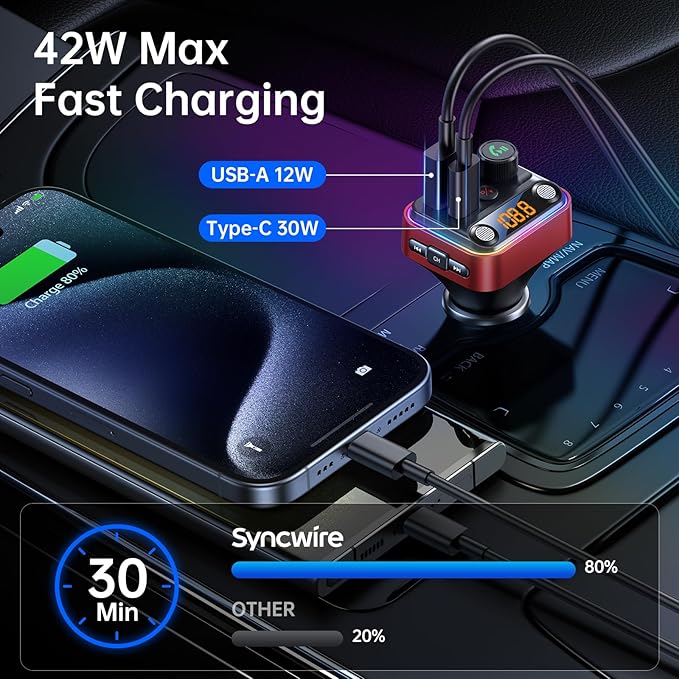 Syncwire Bluetooth 5.4 FM Transmitter Car Adapter 42W [Light Switch] [Stronger Dual Mics] [HiFi Deep Bass] [Fast Charging] Wireless FM Radio Music Adapter Hands-Free Calling Support USB Drive, Red