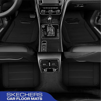 Skechers Memory Foam Car Mats, Leather Piping with Anti-Slip Pad, Universal Waterproof Fit Automotive Floor Mats for SUV, Vans, Sedans, Trucks, Full Set 4pcs Black