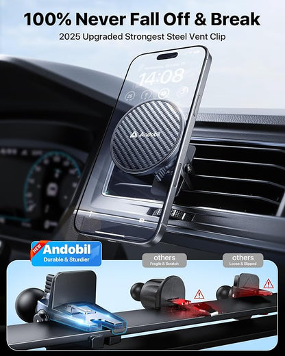 【True Military-Grade】andobil 3 in1 Magnetic Phone Holder for Car Dashboard Windshield Vent 【Upgrade Suction & Strongest Magnet】Retractable for MagSafe Car Mount for iPhone 16 15 14 13 Pro Max Sumsung