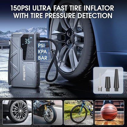 【New】 Lucklike Jump Starter with Air Compressor, 4000A Portable Car Battery Jumper Starter Pack for 10L Gas and 8L Diesel, Tire Inflator with Presssure Detection, 12V Jump Box with 3 Modes Flashlight