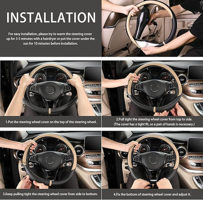 COFIT Breathable Car Steering Wheel Cover 15 inch Auto Universal Leather Wrap Non-Slip Steeringwheel Protector Automotive Interior Accessories, Beige (Suit for 14.5-15 inch)
