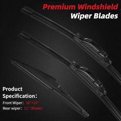 OTUAYAUTO Premium Windshield Wiper Blades - Replacement for Kia Rio 2013-2017 - Precision Fit, All-Weather Performance, Front and Rear Wiper Blades, J/U Hook - 26"+16"+11" (Pack of 3)