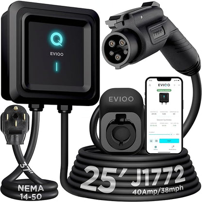 EVIQO Level 2 EV Charger – 48 Amp (11.5 kW) 240V – Wall EV Charger Level 2, NEMA 14-50 Plug/Hardwired, J1772 25' Cable, Enhanced Wi-Fi – UL, Energy Star, ETL Certified EVSE, Car Charging Station GEN 2