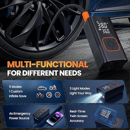 Tire Inflator Portable Air Compressor, 150PSI Bike Pump with Tire Pressure Gauge, LED Lights & Car Accessories, Cordless Air Pump for Car Tires, Bike, Motorcycle, Ball(Tangerine)