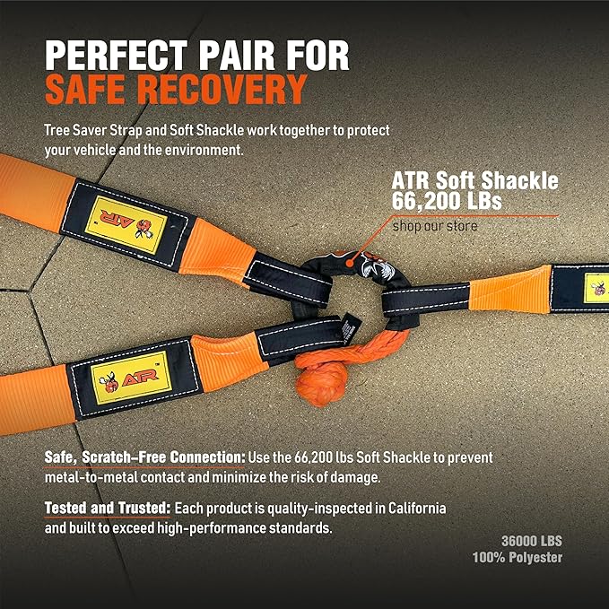 ATR Tree Saver Strap 3.5" x 8ft – 36,000 lbs Break Strength, Heavy Duty Tow Strap for Winch, Off-Road Recovery, Truck, Jeep, Short Polyester Recovery Rope with Loops