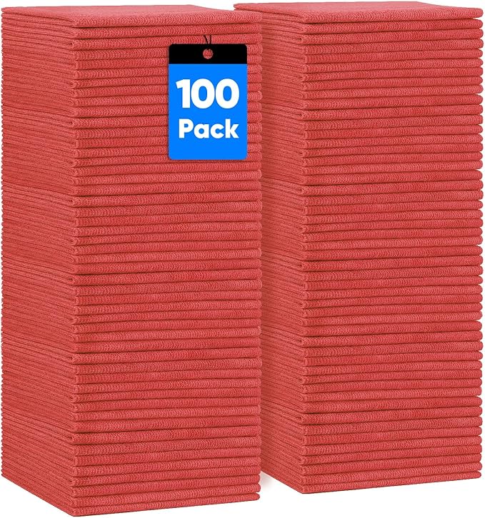 HOMEXCEL Red Shop Towels 100 Pack, Reusable Microfiber Cleaning Cloth Bulk, Multipurpose Microfiber Towels for Car, House and Kitchen, Highly Absorbent Cleaning Rags 11.5 x 11.5 inch