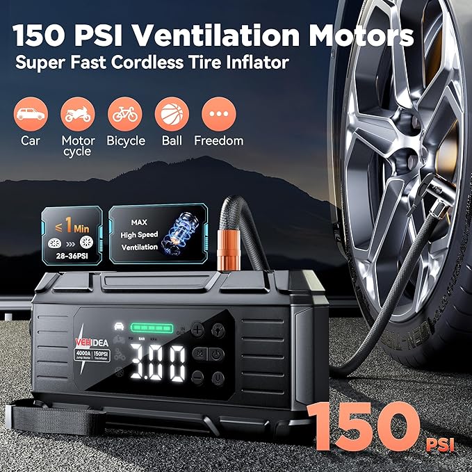 Jump Starter with Air Compressor: 4000A 150PSI Car Battery Charger - 65W Tire Inflator Portable Car Battery Jumper Starter Power Pack - Jump Box Cables (All Gas/10L Diesel) - for Automotive RV Tools