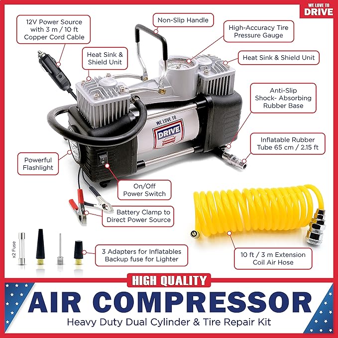 Tire Inflator Portable Air Compressor with Tire Repair Kit – 12V DC Dual Cylinder Air Pump for Car Tires, 150 PSI Tire Pump with Tire Pressure Gauge, Car Emergency Kit, and Cars Accessories Air Pump