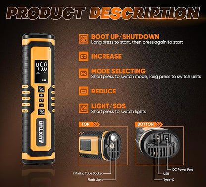 Cordless Tire Inflator for Car with 3 Light Modes and Automotive Power Cords, Electric Air Pump(Type-C) (150PSI)(6000mah Battery), Digital Air Compressor for Motorcycle, Bike, Truck and Ball