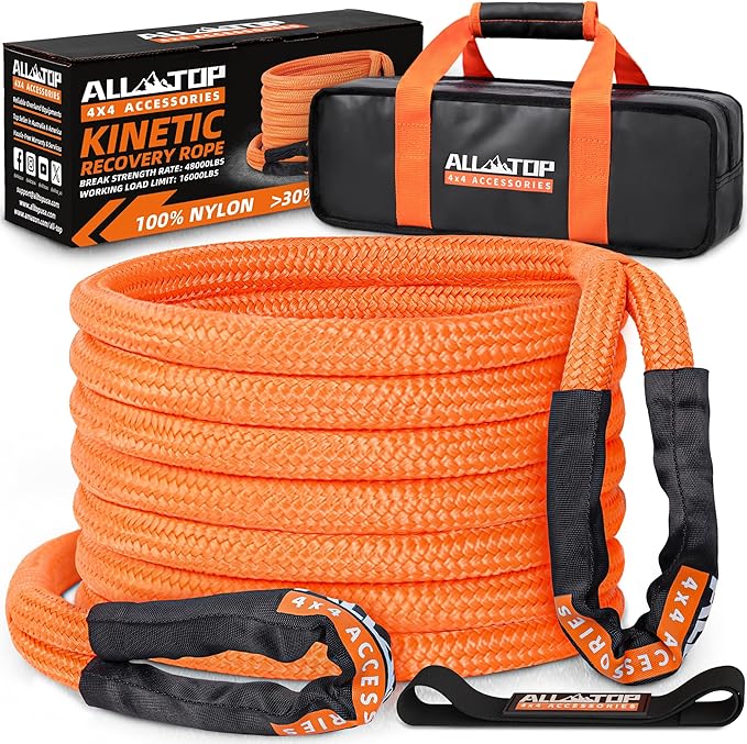 ALL-TOP Kinetic Recovery Rope, 48000Lbs, 1in x 20ft, Heavy Duty 30+% Elasticity, 16000Lbs Work Load Limit for 4x4 Offroad Vehicle