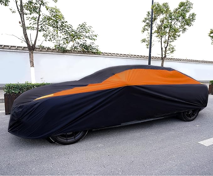 MORNYRAY Waterproof Car Cover All Weather Snowproof UV Protection Windproof Outdoor Full car Cover, Universal Fit for Sedan (Orange, A1-Fit Sedan Length(154-163 inch)