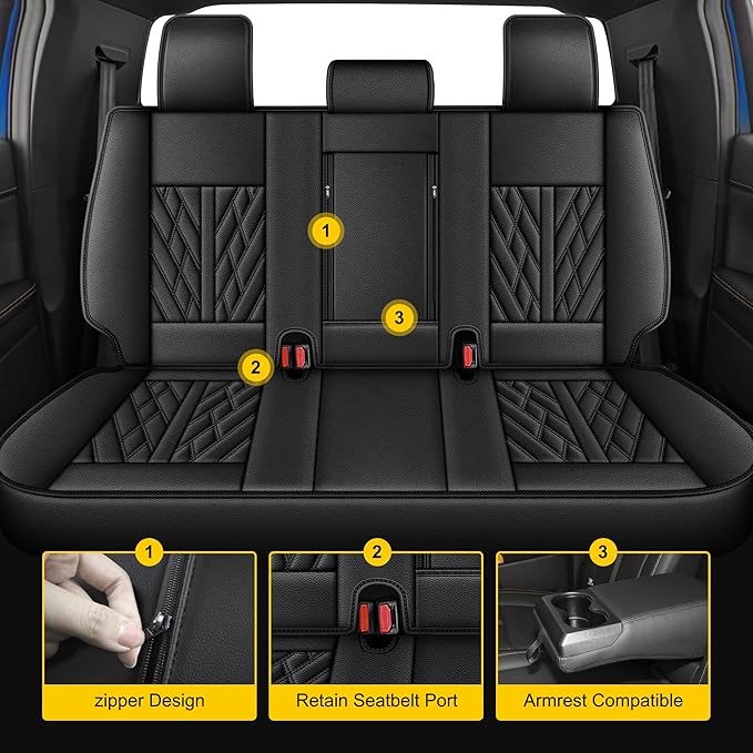 AOMSAZTO Ford Ranger Seat Covers: Full Set Custom Fit 2019 2020 2021 2022 2023 2024 2025 Ford Ranger Breathable Waterproof Leather Seat Protector(5 Seats, Black)