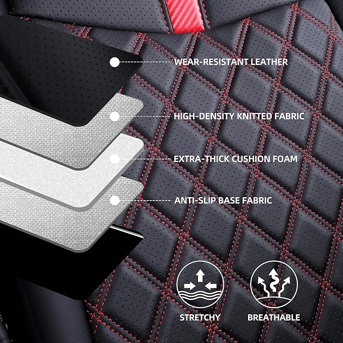 Custom Fit RAV4 Seat Covers for 2019-2025 Toyota RAV4 Hybrid LE,XLE,XLE Premium,Limited Full Coverage Waterproof Leather Car Seat Covers Full Set (Black with Red Trim)