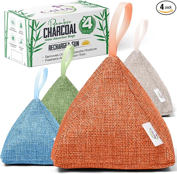 4 Pack Bamboo Charcoal Air Purifier Bags 200 Grams Each - Odor Absorber & Eliminator for Home, Car, Pets, Activated Charcoal Natural Freshener, Eco-Friendly & Reusable (Fresh Colors)