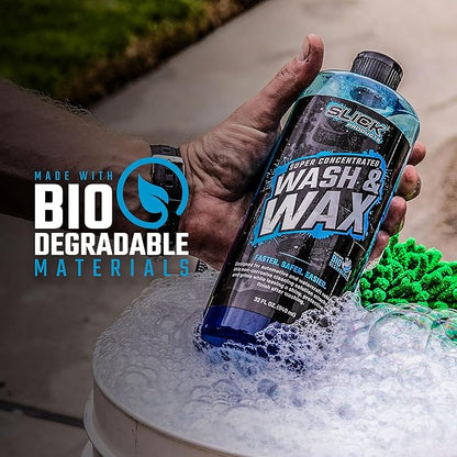 Slick Products Wash & Wax Extra Thick Foaming Cleaning Solution Motorcycle, Truck, Trailer, Boat, Car Wash Soap - Works With Foam Cannon, Foam Gun, Sprayers, Buckets, 32 oz., Tropical Scent