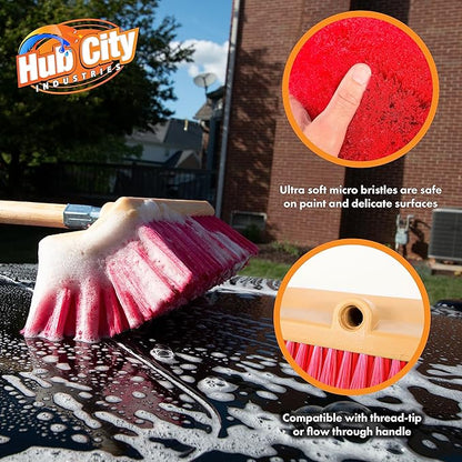 Hub City Industry 10- inch Car Wash Brush, Bi- Level Brush, Soft Nylon Bristle, car Accessories, Cleaning Supplies, Automotive wash Brush,Flagged Red Poly Bristle