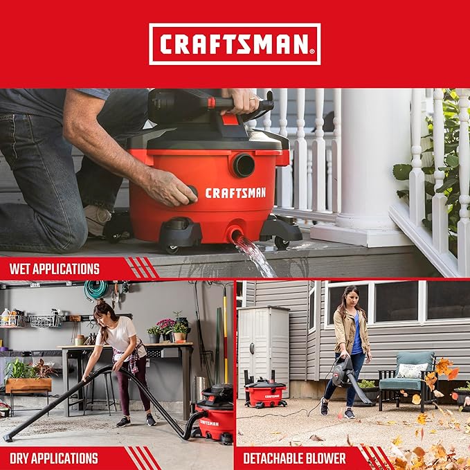 CRAFTSMAN CMXEVBE17606 12 Gallon 6.0 Peak HP Wet Dry Vac with Detachable Leaf Blower, Portable Shop Vacuum with Filters, Dust Bag, Wet Nozzle, Hose, Attachments for Garage Cleaning
