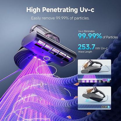 uwant Bed Cleaner with 16Kpa Suction Metal Roller 253.7nm Uv-c Light Mattress Vacuum Cleaner 36000RPM/Min 149℉ Heating HEPA Filter&Ultrasonic Mattress Vacuum for Sofa, Pillow, Bed Throws, Grey