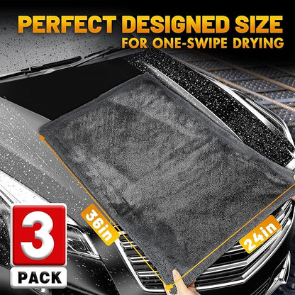 Microfiber Towels for Cars, 3 Pack Dual Sided Drying Towels Car Detailing， 1200GSM Car Drying Towel(24″x 36″), Ultra Absorbent Car Cleaning Towel, No Streak or Scratch, Machine Washable
