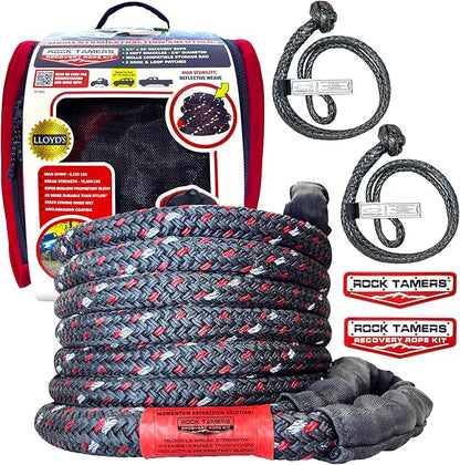Rock Tamers Kinetic Recovery Rope Kit - Heavy Duty Tow Strap - 3/4" x 30' Kinetic Tow Rope with High-Visibility Reflective Weave - 19,000 lb Break Strength for Vehicle Recovery