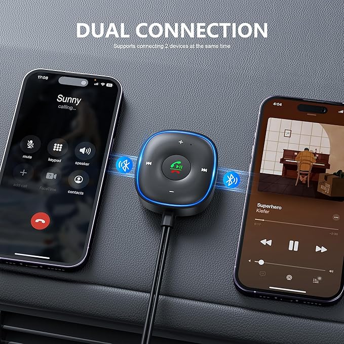 Bluetooth 5.3 Aux Car Adapter, SONRU Bluetooth Receiver for Car [Dual Connection & Mic Noise Cancellation], Aux Adapter with Plug-and-Play for Music/Hands-Free Calls/Stereo Audio