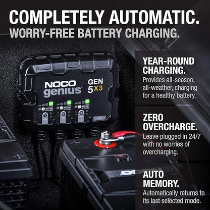NOCO Genius GEN5X3: 3-Bank, 15A Onboard Battery Charger - 5A Per Bank, 12V Waterproof Marine Charger with Overcharge Protection & Temperature Compensation – for Lead-Acid & Lithium Batteries