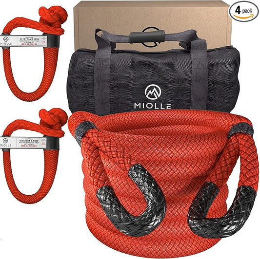 MiolleGear Heavy Duty Kinetic Recovery Tow Rope (Firecracker RED, 1-1/4"x30) (53000 lbs) with 2 Soft Shackle USA Spectra 9/16' x 10" (54000 lbs)
