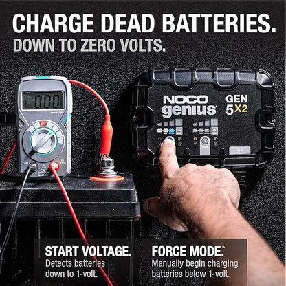 NOCO Genius GEN5X2: 2-Bank, 10A Onboard Battery Charger - 5A Per Bank, 12V Waterproof Marine Charger with Overcharge Protection & Temperature Compensation – for Lead-Acid & Lithium Batteries