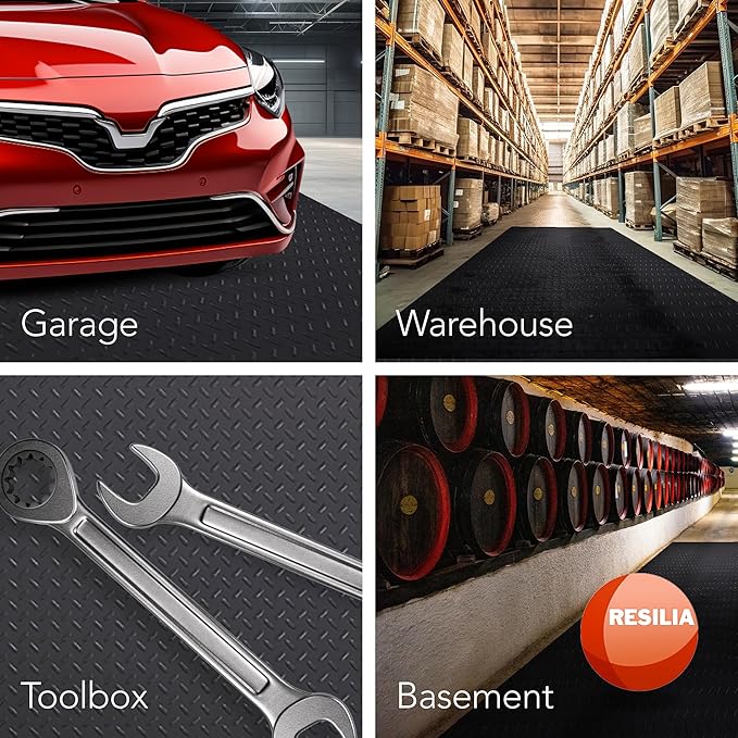 RESILIA Heavy Duty Garage Floor Runner & Protector Mat - Slip Resistant Diamond Plate PVC Mats - Water, Spill, & Stain Resistant, Black (4 feet x 10 feet), Made in The USA