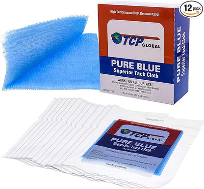 TCP Global Pure Blue Superior Tack Cloth, 12-Pack, Automotive & Woodworking, Dust/Stain/Paint Rags, Tac Cloth for Autobody