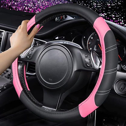 CAR PASS Line Rider Microfiber 14 Inch Leather Sporty Steering Wheel Cover Universal Fits for 95% Truck,SUV,Cars, Anti-Slip Safety Comfortable Desgin (Black Pink)