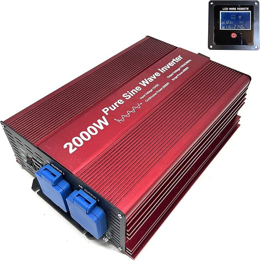 2000W Pure Sine Wave Inverter 12V to 120V AC with 2 AC outlets (IP54 ETL Approved Sockets),DC5V 2 Amp USB Output, LCD Wire Remote kit and OFC Battery Cables,Input terminals Fixing Wrench