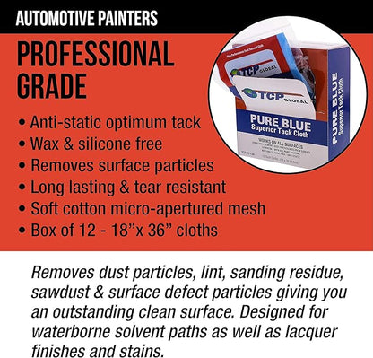 TCP Global Pure Blue Superior Tack Cloth, 12-Pack, Automotive & Woodworking, Dust/Stain/Paint Rags, Tac Cloth for Autobody