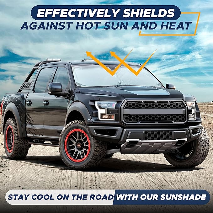 EcoNour Truck Windshield Sun Shade with Storage Pouch | Reflective 240T Material Sun Shield for UV & Heat Protection | Foldable Windshield Cover | Must-Have Truck Accessories | X-Large (69"x35")