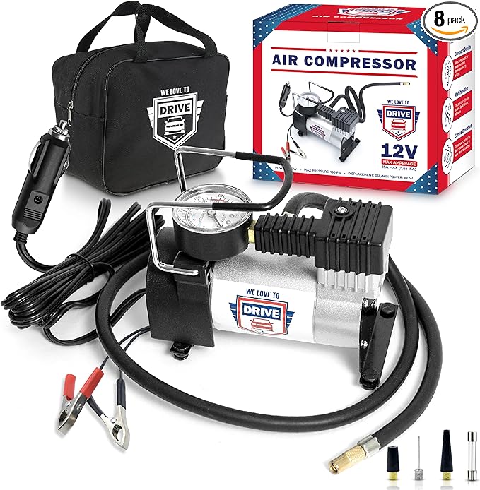 Tire Inflator Portable Air Compressor For Car Tires & Inflatables, 12V DC One Cylinder Air Pump For Emergency Kit with 150 PSI Pressure Gauge, Adaptors, Hose, Car Plug, Clip Connectors & Carry Bag