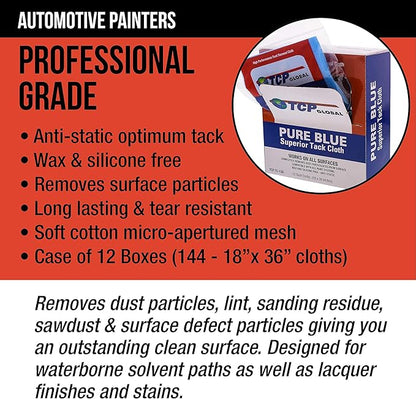 TCP Global Pure Blue Superior Tack Cloth, 144-Pack, Automotive & Woodworking, Dust/Stain/Paint Rags, Tac Cloth for Autobody