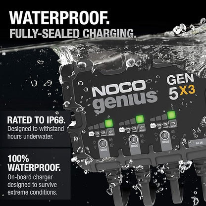 NOCO Genius GEN5X3: 3-Bank, 15A Onboard Battery Charger - 5A Per Bank, 12V Waterproof Marine Charger with Overcharge Protection & Temperature Compensation – for Lead-Acid & Lithium Batteries