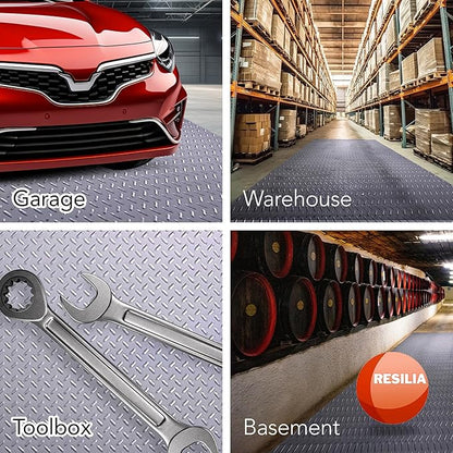 RESILIA Heavy Duty Garage Floor Runner & Protector Mat - Slip Resistant Diamond Plate PVC Mats - Water, Spill, & Stain Resistant, Silver (4 feet x 10 feet)